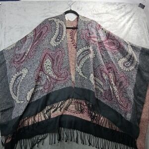 Indigo Soul Paisley Fringe Poncho Wrap Shawl Grey Burgundy Black One Size